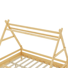 Bellemave® Full Size House Bed with Stairs, Solid Wood Low Profile Platform Bed Frame, Spacious Playhouse Design for Kids, Natural Finish - Bellemave