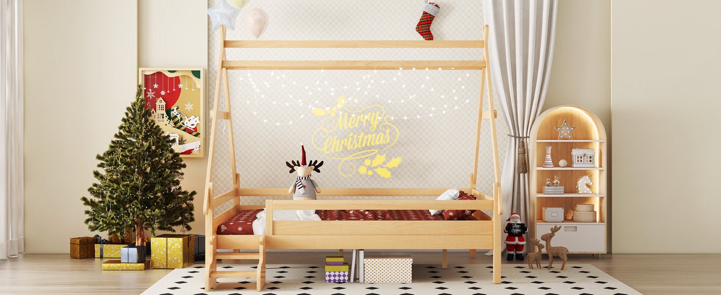 Bellemave® Full Size House Bed with Stairs, Solid Wood Low Profile Platform Bed Frame, Spacious Playhouse Design for Kids, Natural Finish - Bellemave
