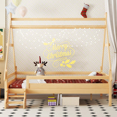 Bellemave® Full Size House Bed with Stairs, Solid Wood Low Profile Platform Bed Frame, Spacious Playhouse Design for Kids, Natural Finish - Bellemave