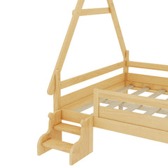 Bellemave® Full Size House Bed with Stairs, Solid Wood Low Profile Platform Bed Frame, Spacious Playhouse Design for Kids, Natural Finish - Bellemave