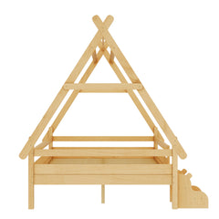 Bellemave® Full Size House Bed with Stairs, Solid Wood Low Profile Platform Bed Frame, Spacious Playhouse Design for Kids, Natural Finish - Bellemave