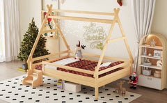 Bellemave® Full Size House Bed with Stairs, Solid Wood Low Profile Platform Bed Frame, Spacious Playhouse Design for Kids, Natural Finish - Bellemave