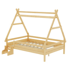 Bellemave® Full Size House Bed with Stairs, Solid Wood Low Profile Platform Bed Frame, Spacious Playhouse Design for Kids, Natural Finish - Bellemave