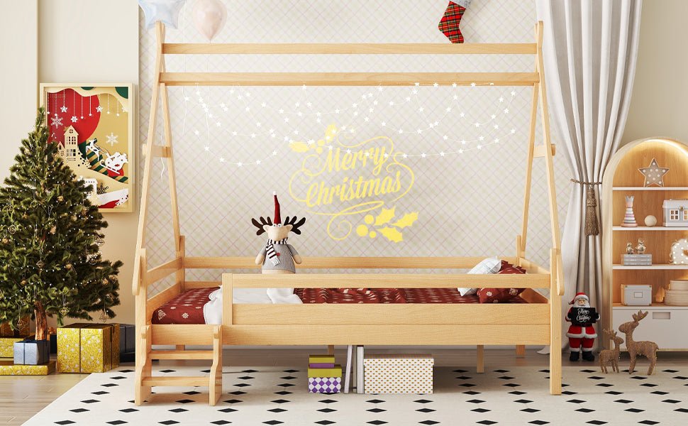 Bellemave® Full Size House Bed with Stairs, Solid Wood Low Profile Platform Bed Frame, Spacious Playhouse Design for Kids, Natural Finish - Bellemave