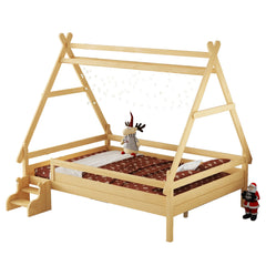 Bellemave® Full Size House Bed with Stairs, Solid Wood Low Profile Platform Bed Frame, Spacious Playhouse Design for Kids, Natural Finish - Bellemave