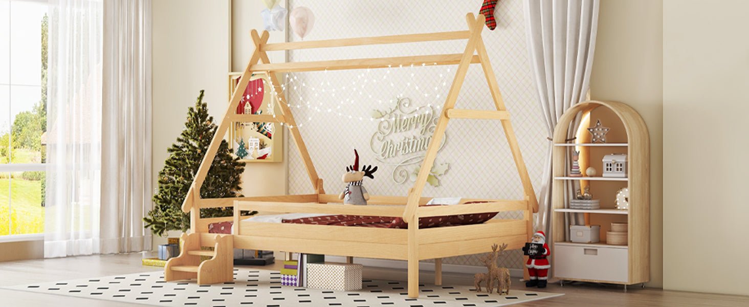 Bellemave® Full Size House Bed with Stairs, Solid Wood Low Profile Platform Bed Frame, Spacious Playhouse Design for Kids, Natural Finish - Bellemave
