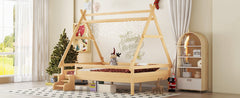 Bellemave® Full Size House Bed with Stairs, Solid Wood Low Profile Platform Bed Frame, Spacious Playhouse Design for Kids, Natural Finish - Bellemave