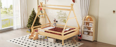 Bellemave® Full Size House Bed with Stairs, Solid Wood Low Profile Platform Bed Frame, Spacious Playhouse Design for Kids, Natural Finish - Bellemave