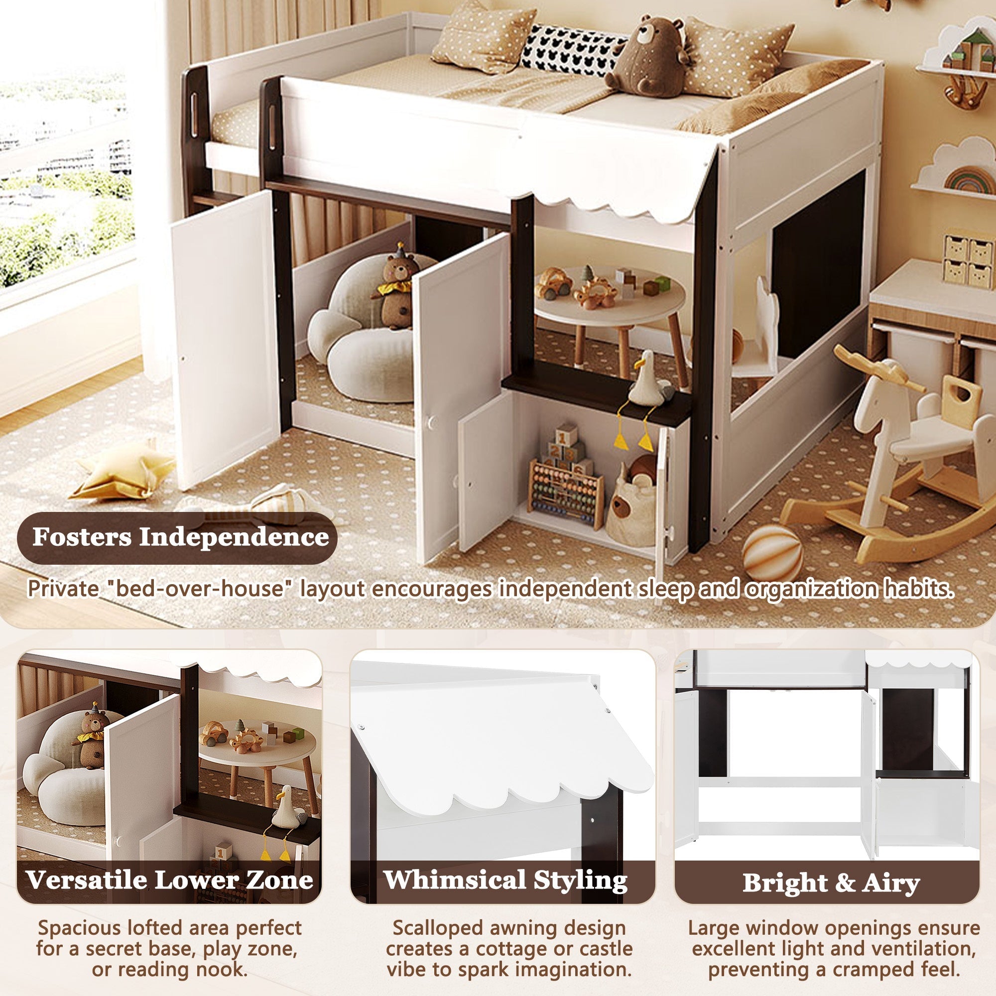 Bellemave® Full Size House Loft Bed with Storage Cabinet, 2 Doors & Play Zone - Bellemave