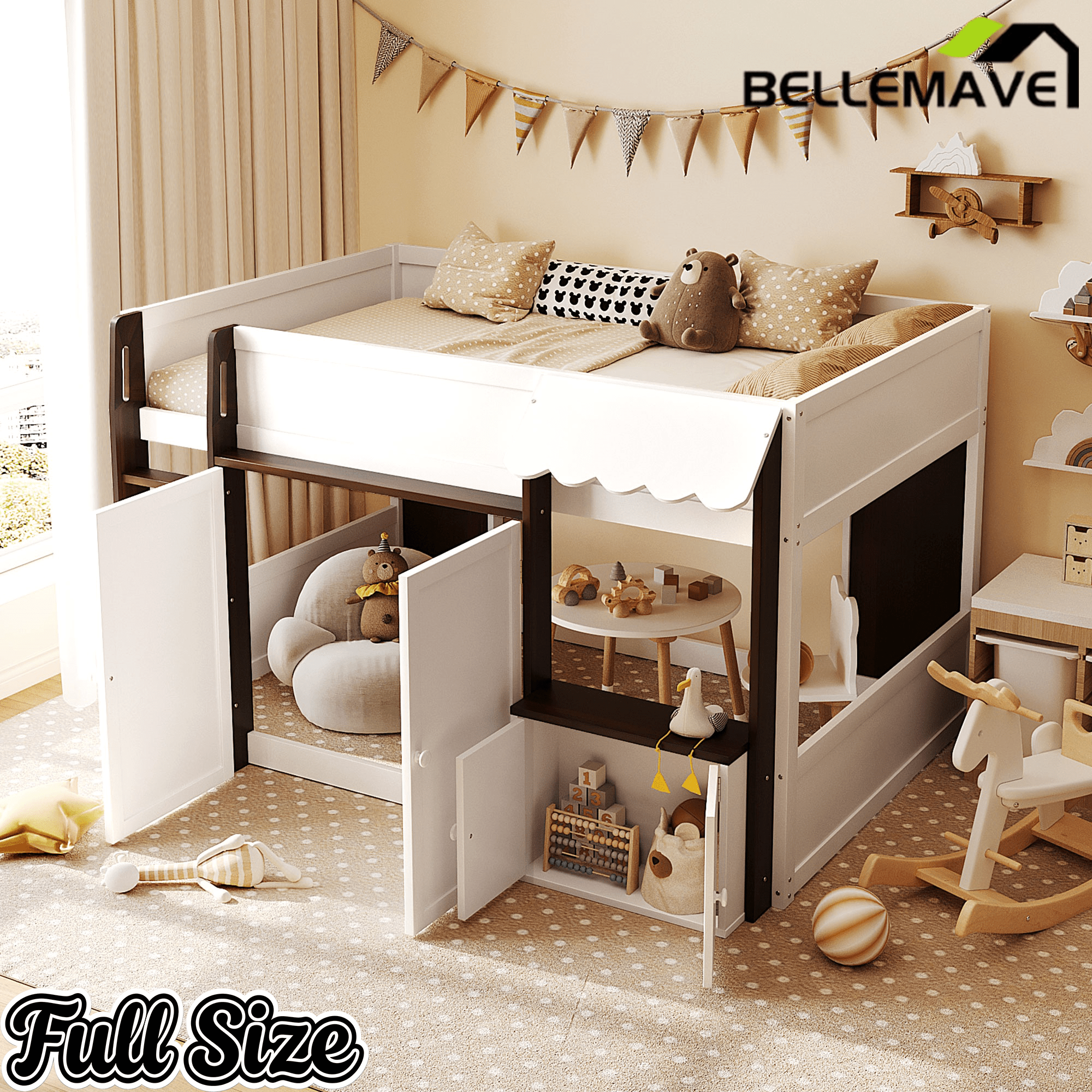 Bellemave® Full Size House Loft Bed with Storage Cabinet, 2 Doors & Play Zone - Bellemave