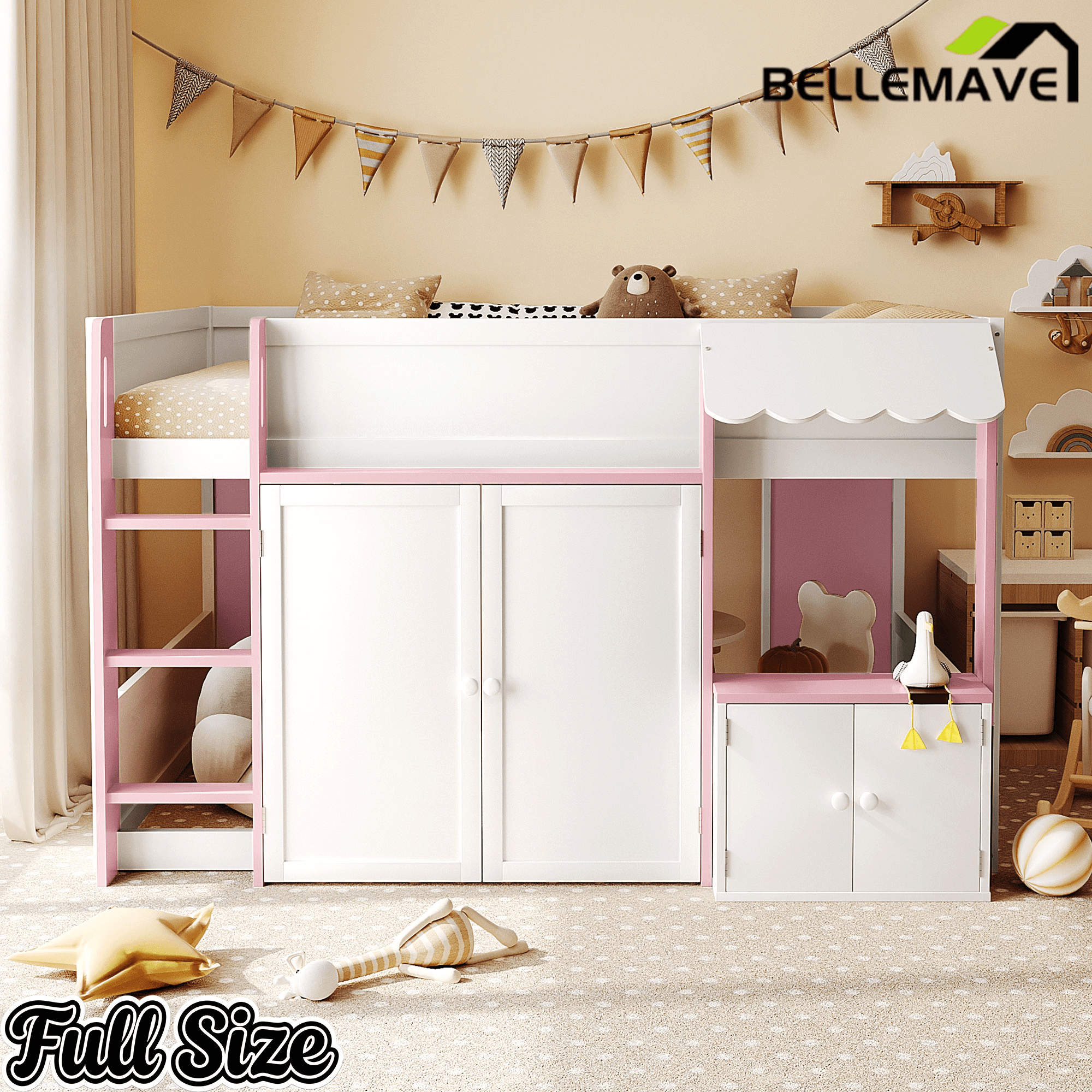 Bellemave® Full Size House Loft Bed with Storage Cabinet, 2 Doors & Play Zone - Bellemave