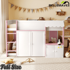Bellemave® Full Size House Loft Bed with Storage Cabinet, 2 Doors & Play Zone - Bellemave