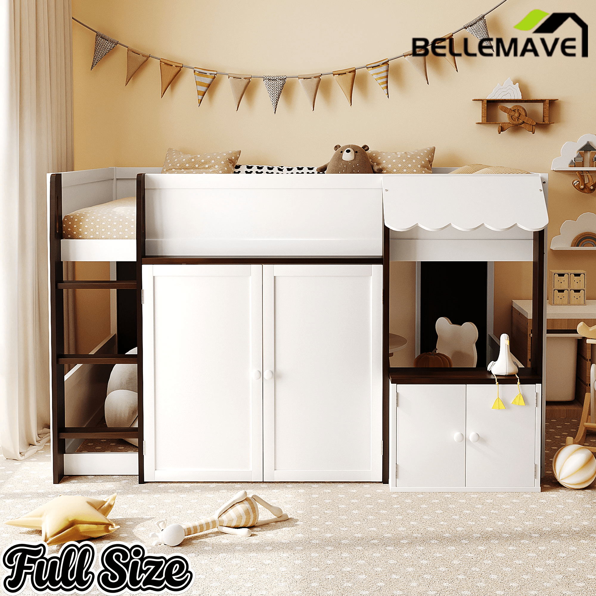 Bellemave® Full Size House Loft Bed with Storage Cabinet, 2 Doors & Play Zone - Bellemave