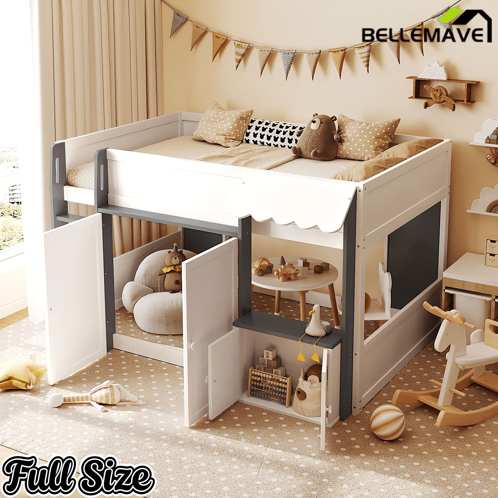 Bellemave® Full Size House Loft Bed with Storage Cabinet, 2 Doors & Play Zone - Bellemave