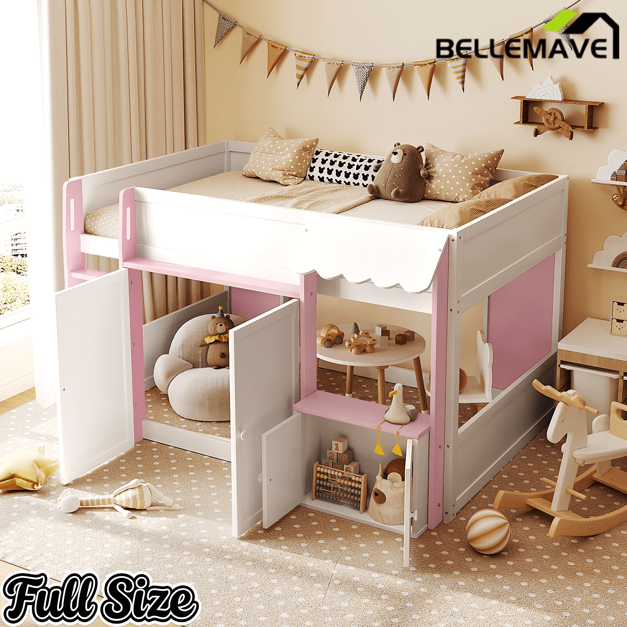 Bellemave® Full Size House Loft Bed with Storage Cabinet, 2 Doors & Play Zone - Bellemave