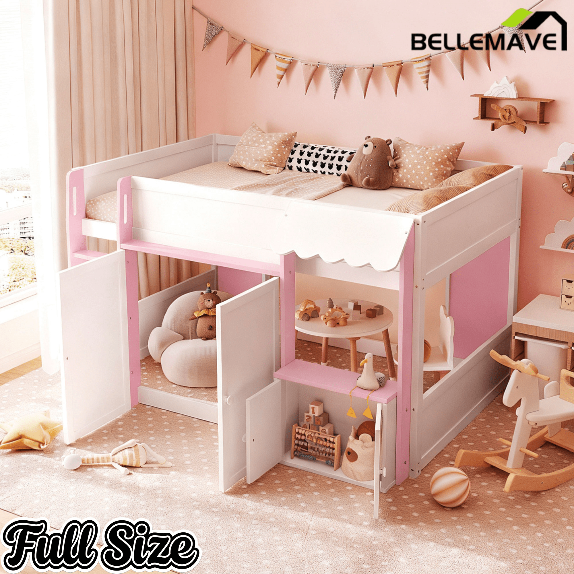Bellemave® Full Size House Loft Bed with Storage Cabinet, 2 Doors & Play Zone - Bellemave