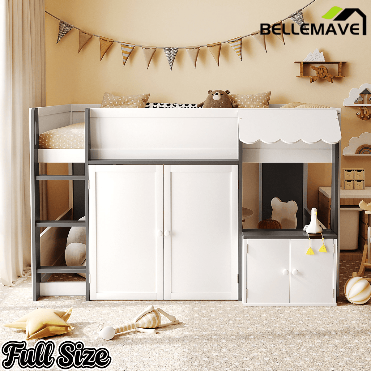 Bellemave® Full Size House Loft Bed with Storage Cabinet, 2 Doors & Play Zone - Bellemave