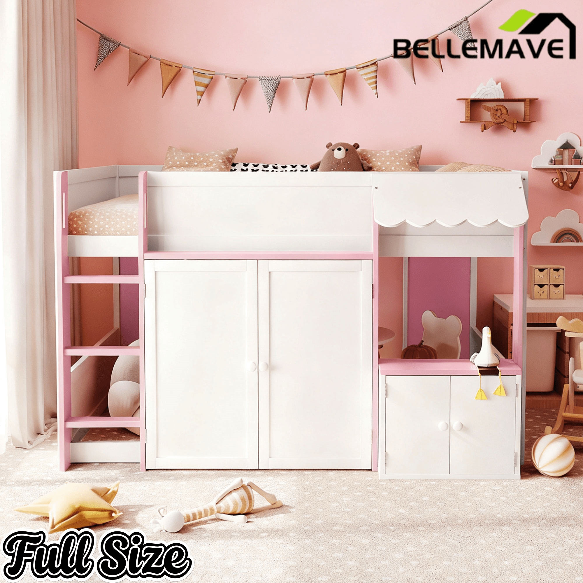 Bellemave® Full Size House Loft Bed with Storage Cabinet, 2 Doors & Play Zone - Bellemave