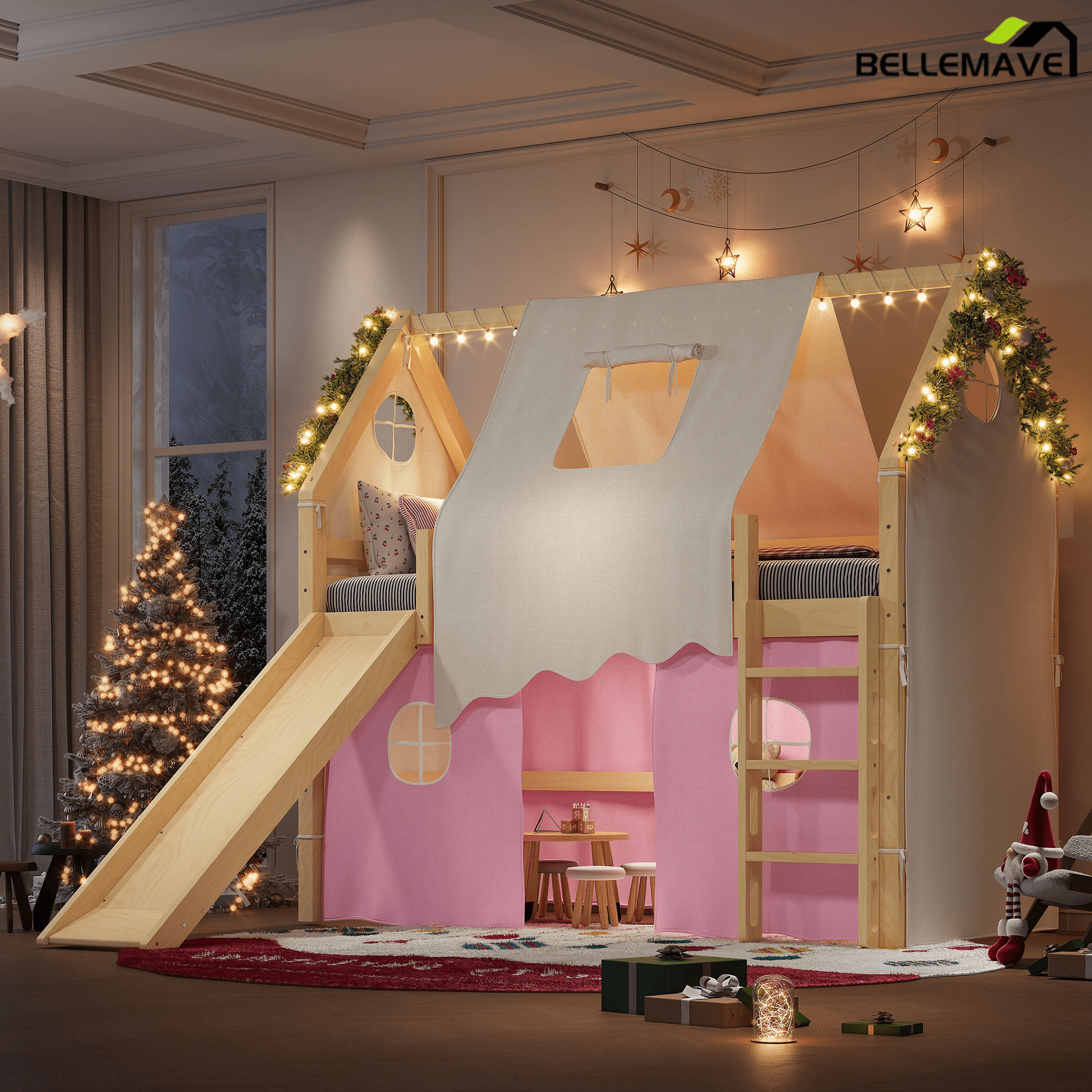 Bellemave® Full Size House Loft Bed with Tents and Sills, Solid Wood Loft Bed with Slide and LED Lights, Kids Loft Bed Frame - Bellemave