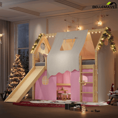 Bellemave® Full Size House Loft Bed with Tents and Sills, Solid Wood Loft Bed with Slide and LED Lights, Kids Loft Bed Frame - Bellemave