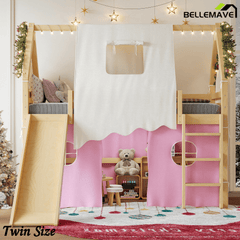 Bellemave® Full Size House Loft Bed with Tents and Sills, Solid Wood Loft Bed with Slide and LED Lights, Kids Loft Bed Frame - Bellemave