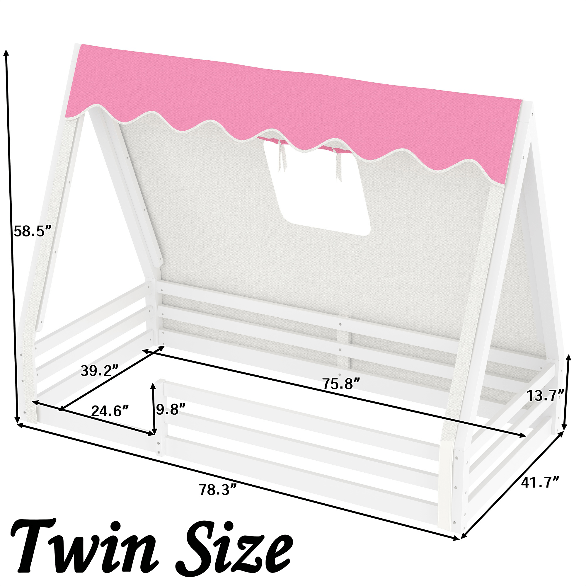 Bellemave® Full Size House Loft Bed with Tents and Sills, Solid Wood Loft Bed with Slide and LED Lights, Kids Loft Bed Frame - Bellemave