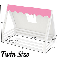 Bellemave® Full Size House Loft Bed with Tents and Sills, Solid Wood Loft Bed with Slide and LED Lights, Kids Loft Bed Frame - Bellemave
