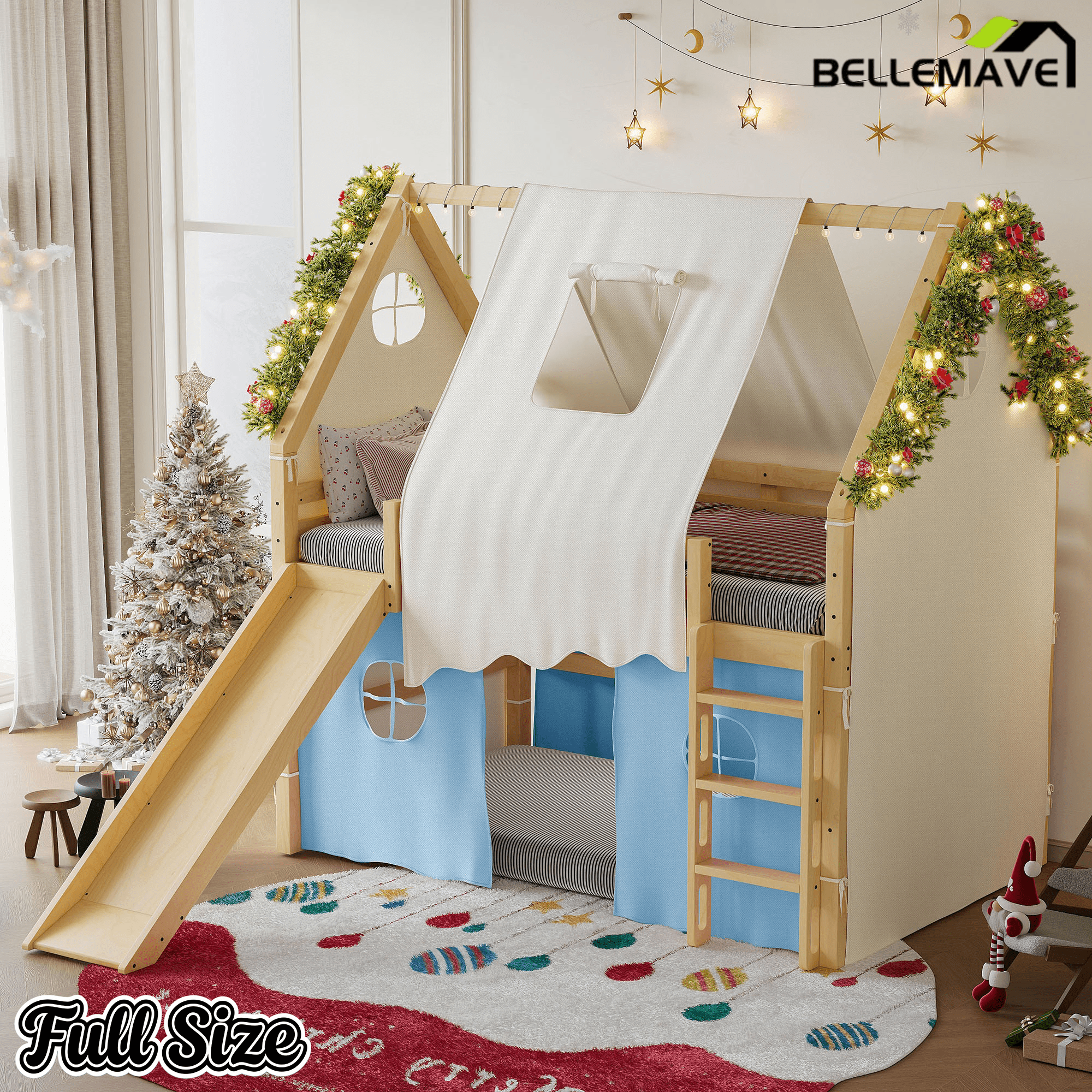 Bellemave® Full Size House Loft Bed with Tents and Sills, Solid Wood Loft Bed with Slide and LED Lights, Kids Loft Bed Frame - Bellemave