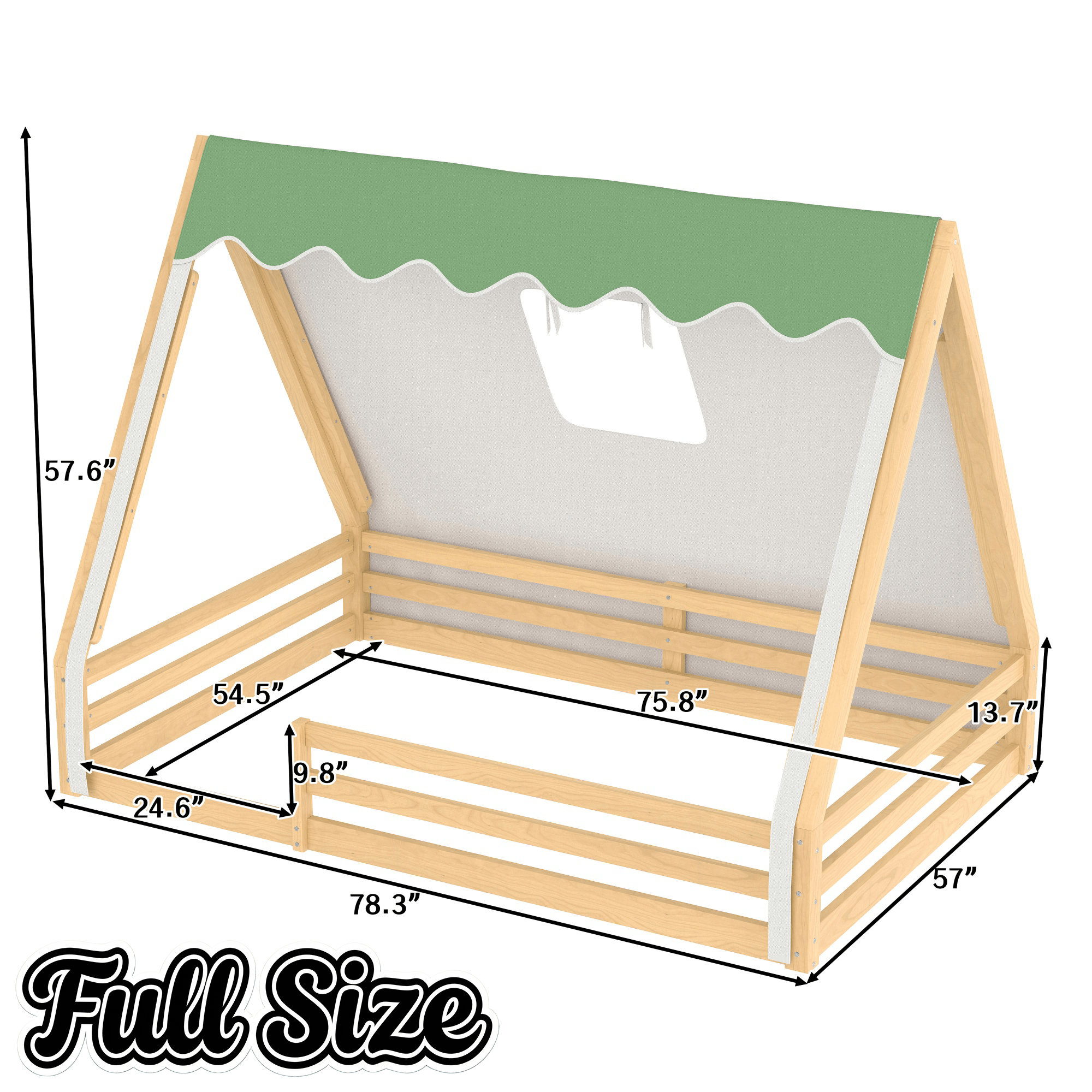 Bellemave® Full Size House Loft Bed with Tents and Sills, Solid Wood Loft Bed with Slide and LED Lights, Kids Loft Bed Frame - Bellemave