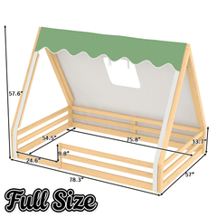 Bellemave® Full Size House Loft Bed with Tents and Sills, Solid Wood Loft Bed with Slide and LED Lights, Kids Loft Bed Frame - Bellemave