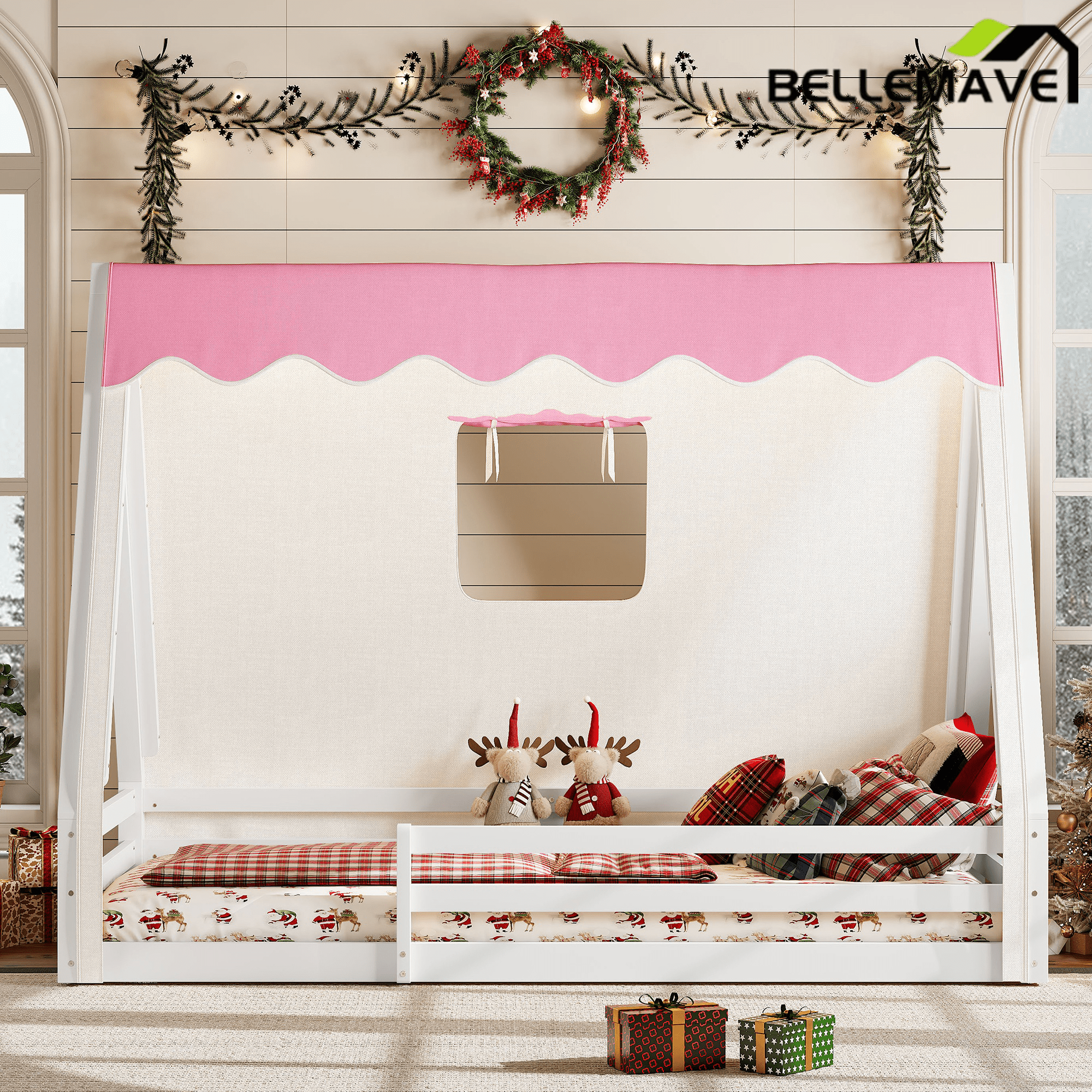 Bellemave® Full Size House Loft Bed with Tents and Sills, Solid Wood Loft Bed with Slide and LED Lights, Kids Loft Bed Frame - Bellemave
