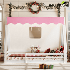 Bellemave® Full Size House Loft Bed with Tents and Sills, Solid Wood Loft Bed with Slide and LED Lights, Kids Loft Bed Frame - Bellemave