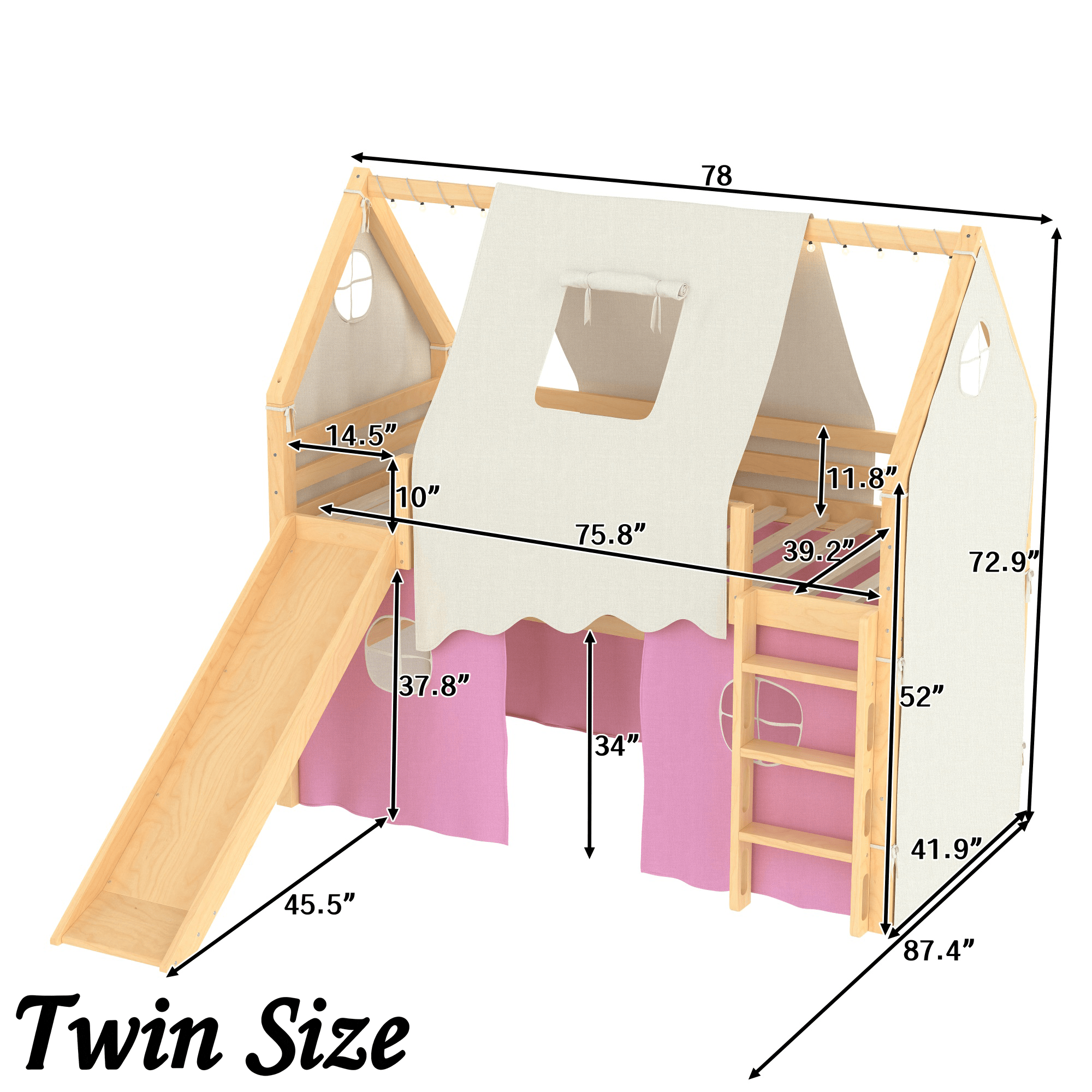 Bellemave® Full Size House Loft Bed with Tents and Sills, Solid Wood Loft Bed with Slide and LED Lights, Kids Loft Bed Frame - Bellemave