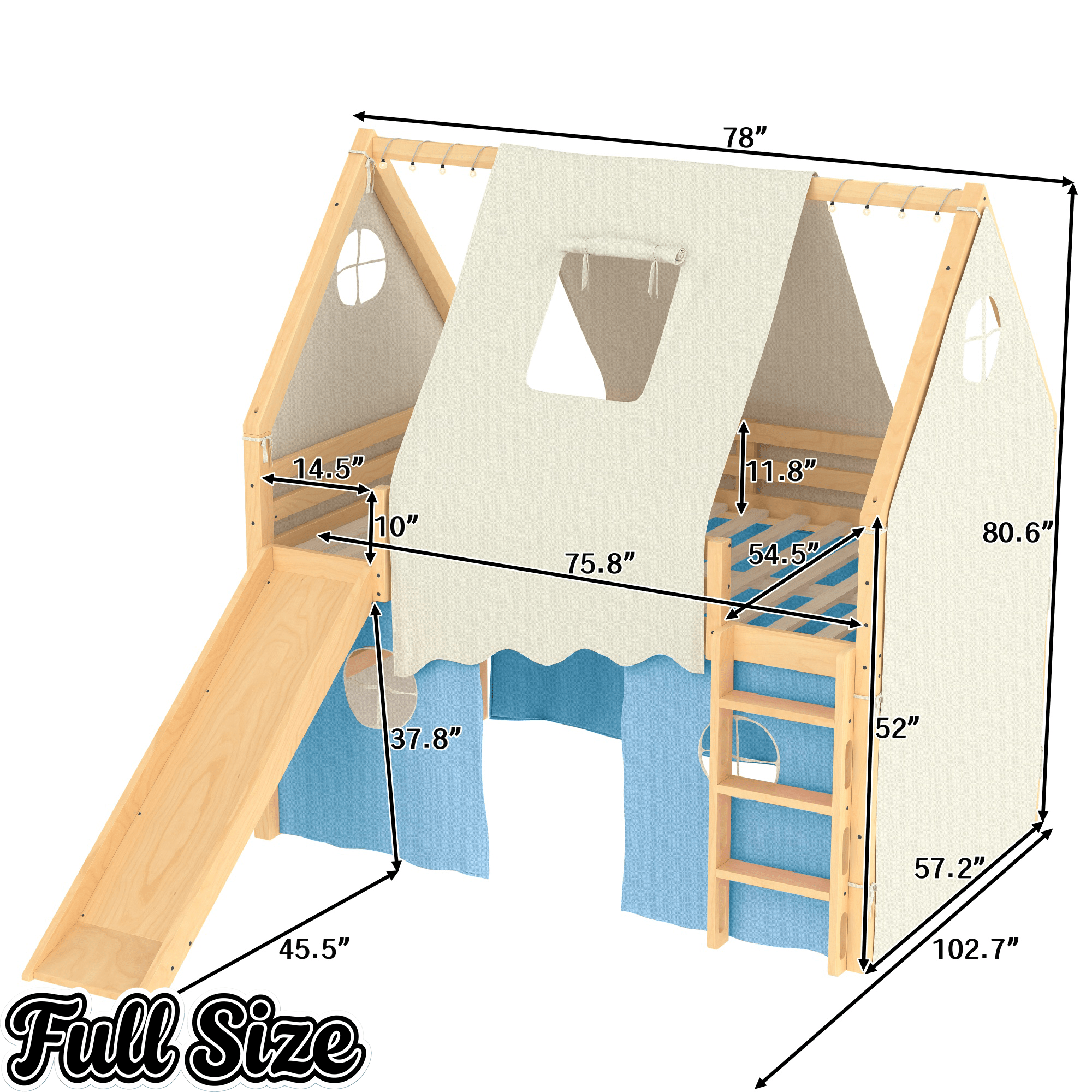 Bellemave® Full Size House Loft Bed with Tents and Sills, Solid Wood Loft Bed with Slide and LED Lights, Kids Loft Bed Frame - Bellemave