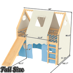 Bellemave® Full Size House Loft Bed with Tents and Sills, Solid Wood Loft Bed with Slide and LED Lights, Kids Loft Bed Frame - Bellemave