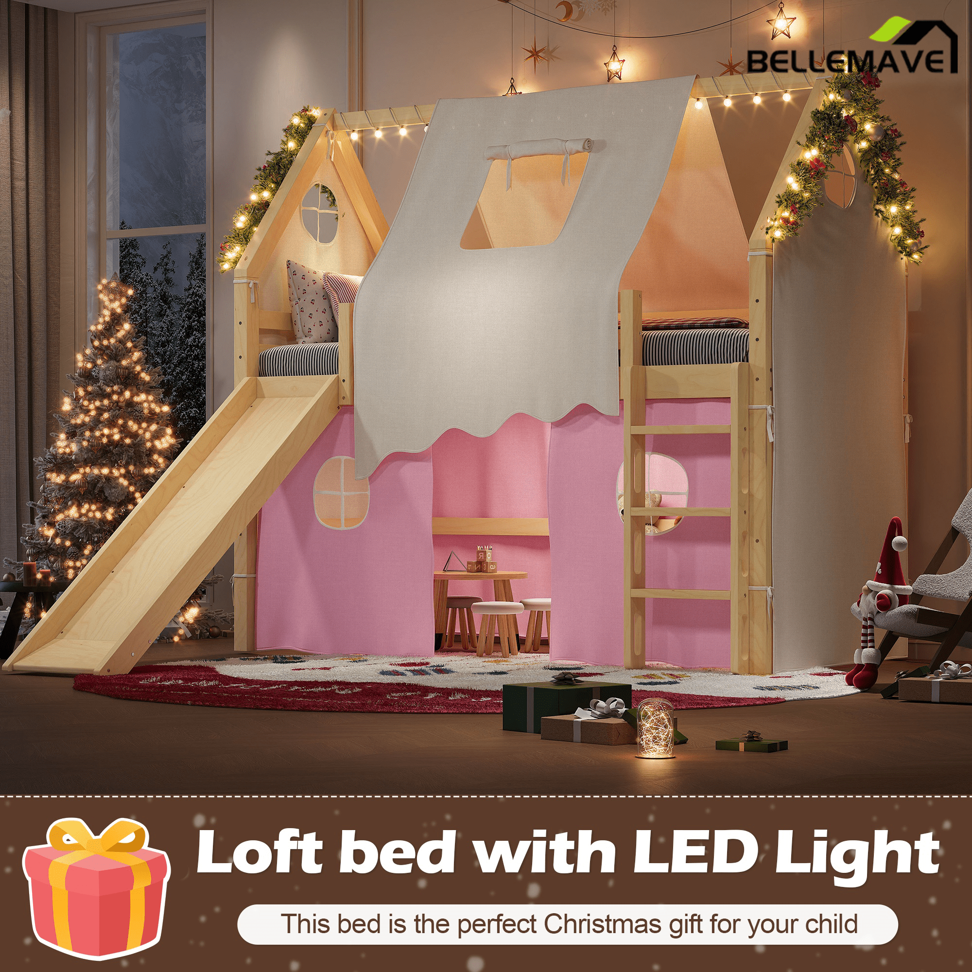 Bellemave® Full Size House Loft Bed with Tents and Sills, Solid Wood Loft Bed with Slide and LED Lights, Kids Loft Bed Frame - Bellemave