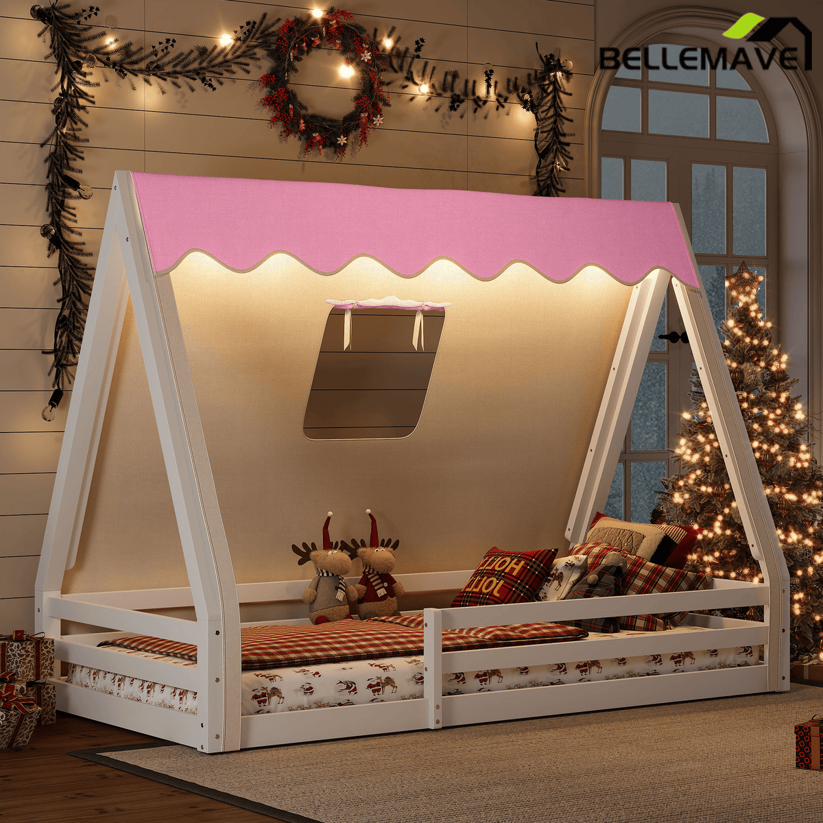 Bellemave® Full Size House Loft Bed with Tents and Sills, Solid Wood Loft Bed with Slide and LED Lights, Kids Loft Bed Frame - Bellemave