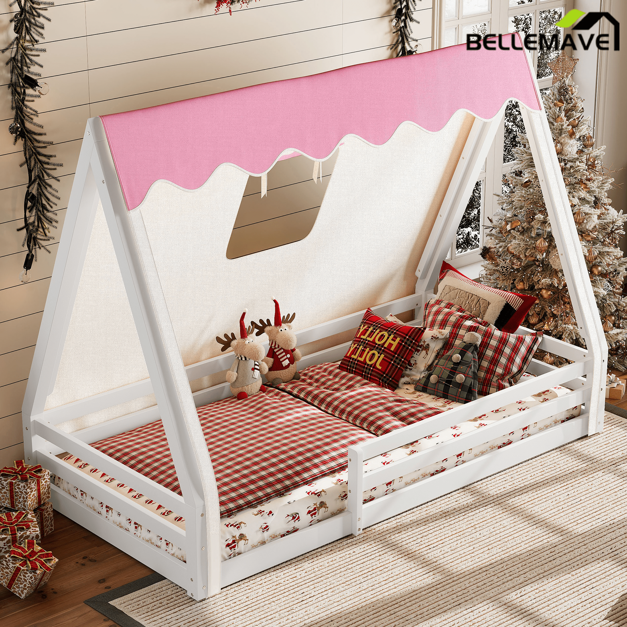 Bellemave® Full Size House Loft Bed with Tents and Sills, Solid Wood Loft Bed with Slide and LED Lights, Kids Loft Bed Frame - Bellemave
