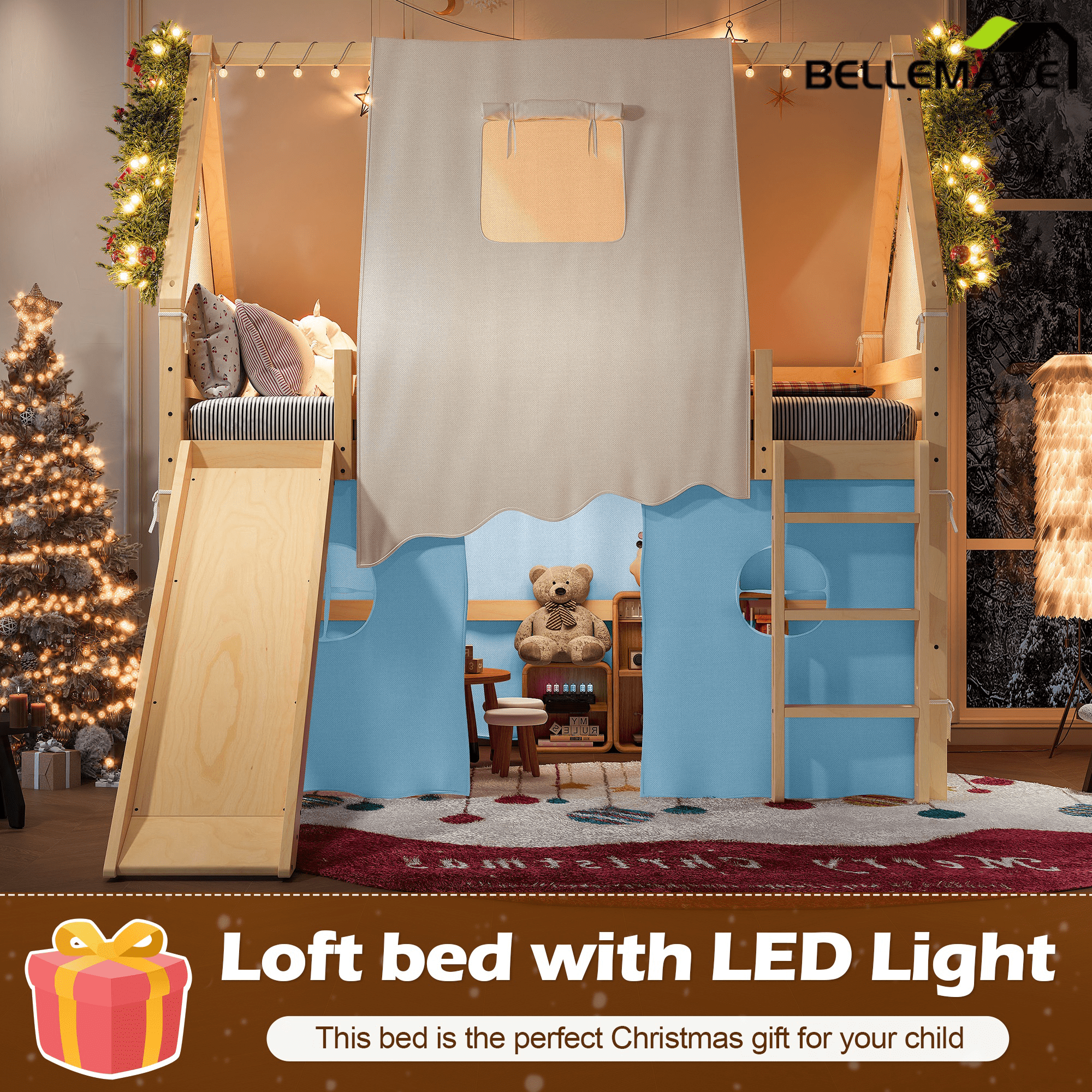 Bellemave® Full Size House Loft Bed with Tents and Sills, Solid Wood Loft Bed with Slide and LED Lights, Kids Loft Bed Frame - Bellemave