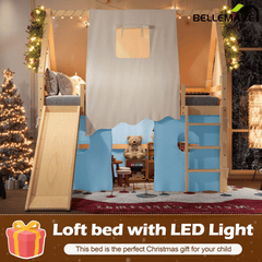 Bellemave® Full Size House Loft Bed with Tents and Sills, Solid Wood Loft Bed with Slide and LED Lights, Kids Loft Bed Frame - Bellemave