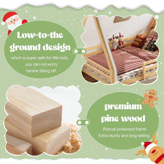 Bellemave® Full Size House Loft Bed with Tents and Sills, Solid Wood Loft Bed with Slide and LED Lights, Kids Loft Bed Frame - Bellemave