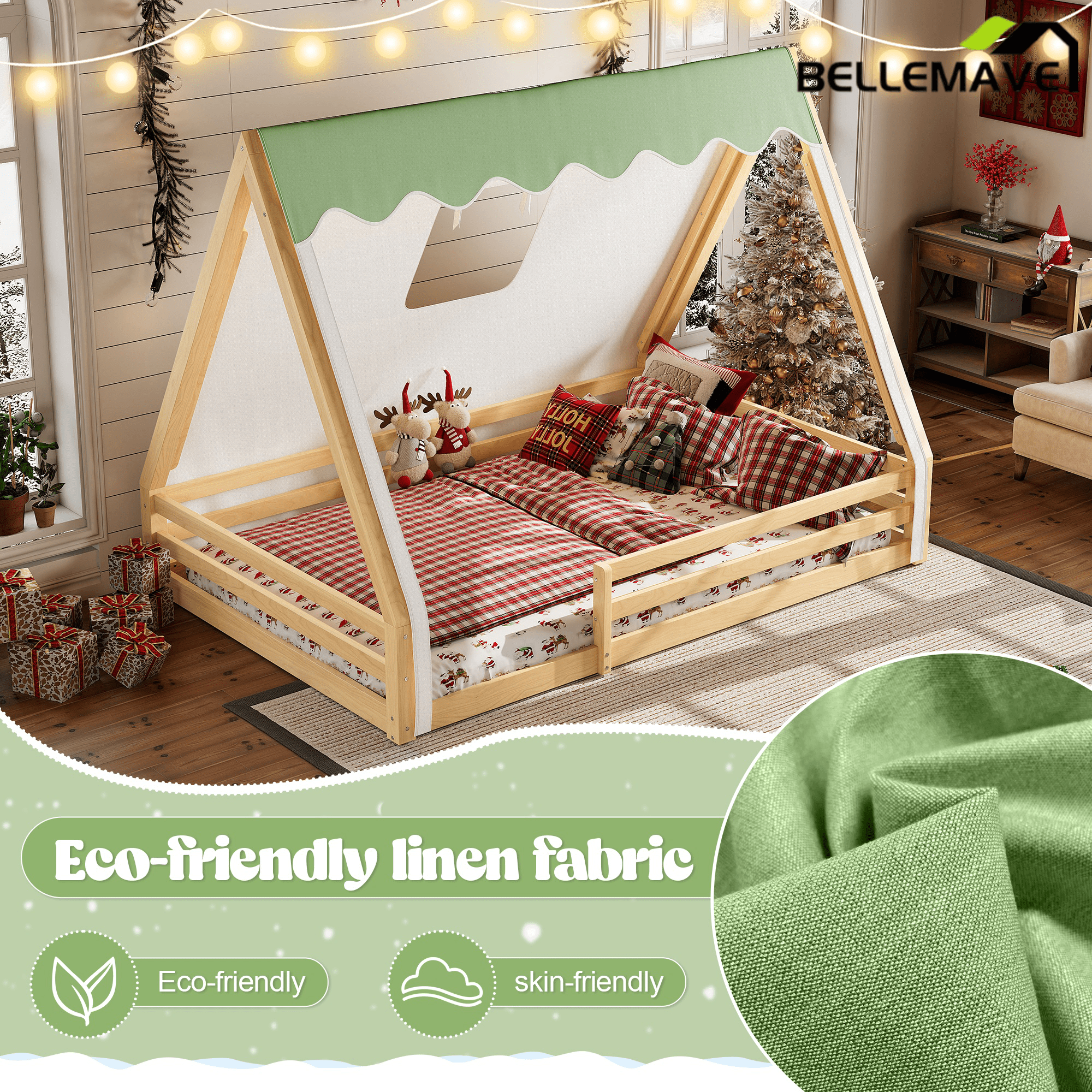 Bellemave® Full Size House Loft Bed with Tents and Sills, Solid Wood Loft Bed with Slide and LED Lights, Kids Loft Bed Frame - Bellemave