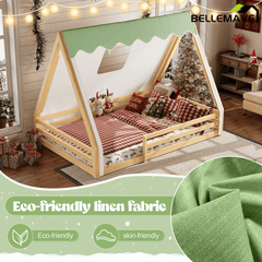 Bellemave® Full Size House Loft Bed with Tents and Sills, Solid Wood Loft Bed with Slide and LED Lights, Kids Loft Bed Frame - Bellemave