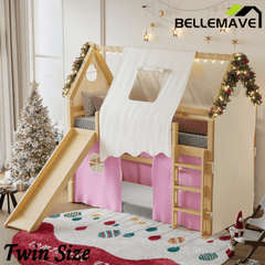 Bellemave® Full Size House Loft Bed with Tents and Sills, Solid Wood Loft Bed with Slide and LED Lights, Kids Loft Bed Frame - Bellemave