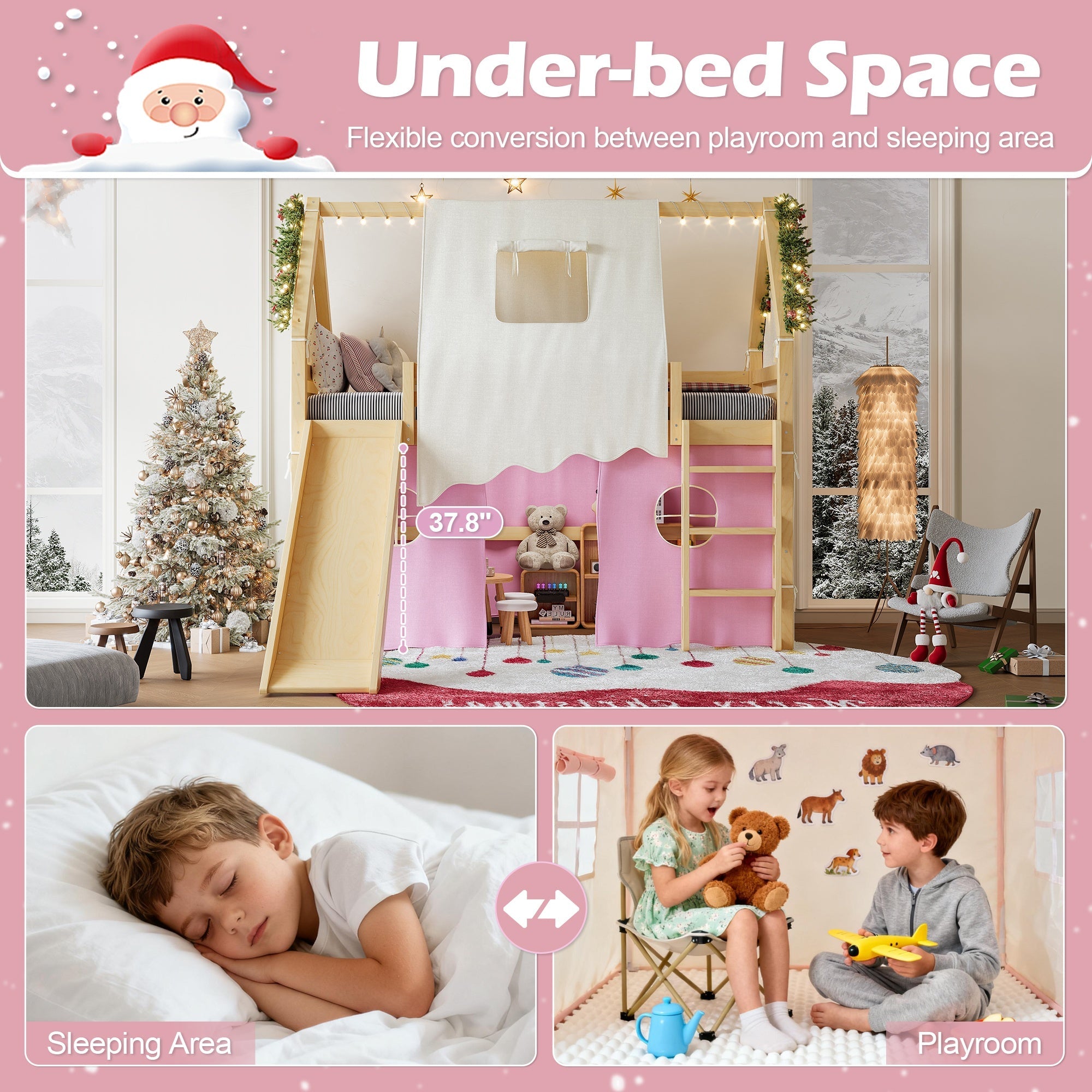 Bellemave® Full Size House Loft Bed with Tents and Sills, Solid Wood Loft Bed with Slide and LED Lights, Kids Loft Bed Frame - Bellemave