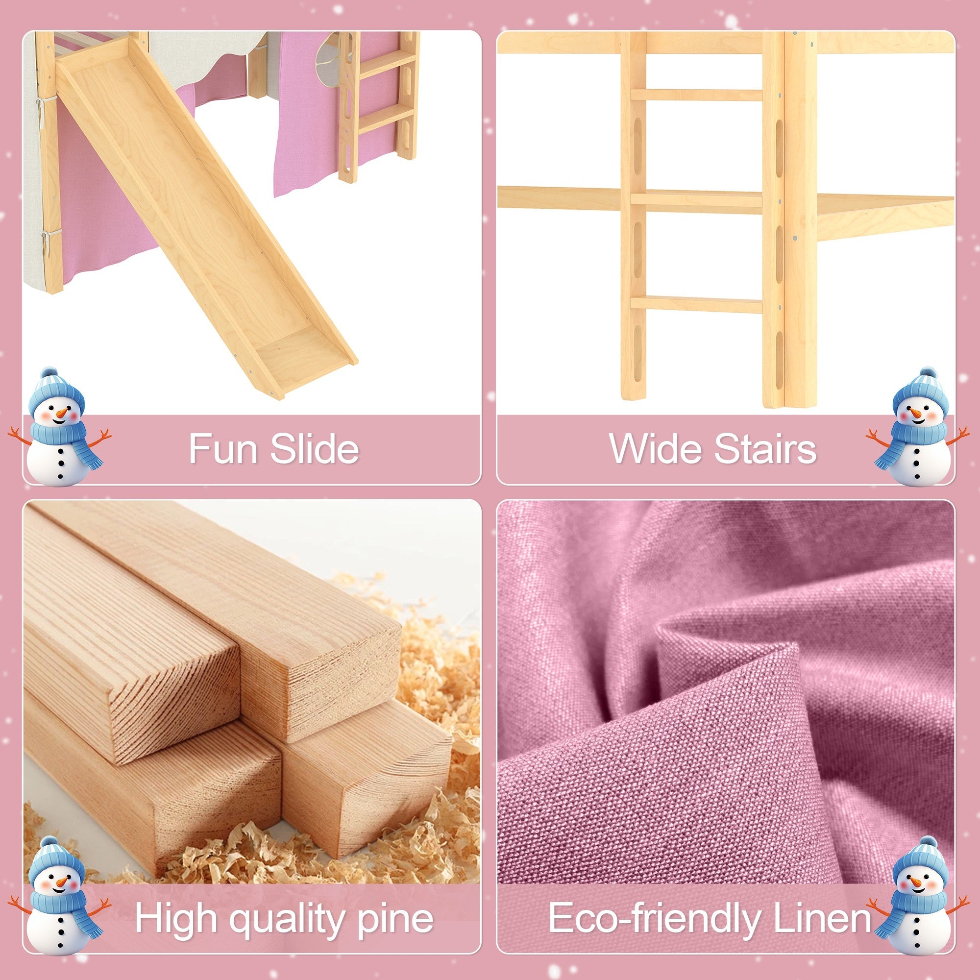 Bellemave® Full Size House Loft Bed with Tents and Sills, Solid Wood Loft Bed with Slide and LED Lights, Kids Loft Bed Frame - Bellemave