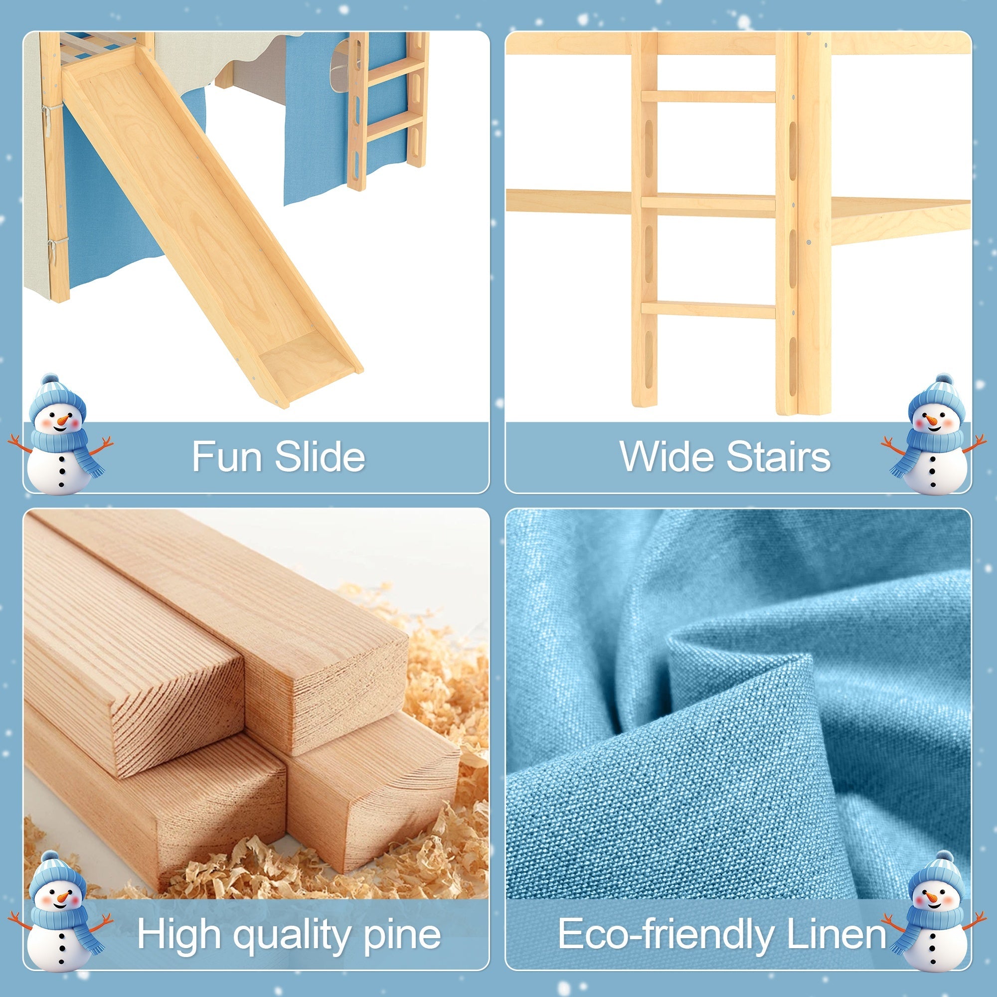 Bellemave® Full Size House Loft Bed with Tents and Sills, Solid Wood Loft Bed with Slide and LED Lights, Kids Loft Bed Frame - Bellemave