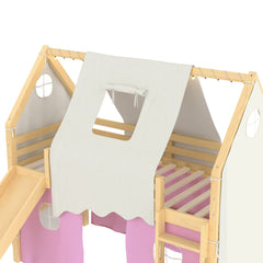 Bellemave® Full Size House Loft Bed with Tents and Sills, Solid Wood Loft Bed with Slide and LED Lights, Kids Loft Bed Frame - Bellemave