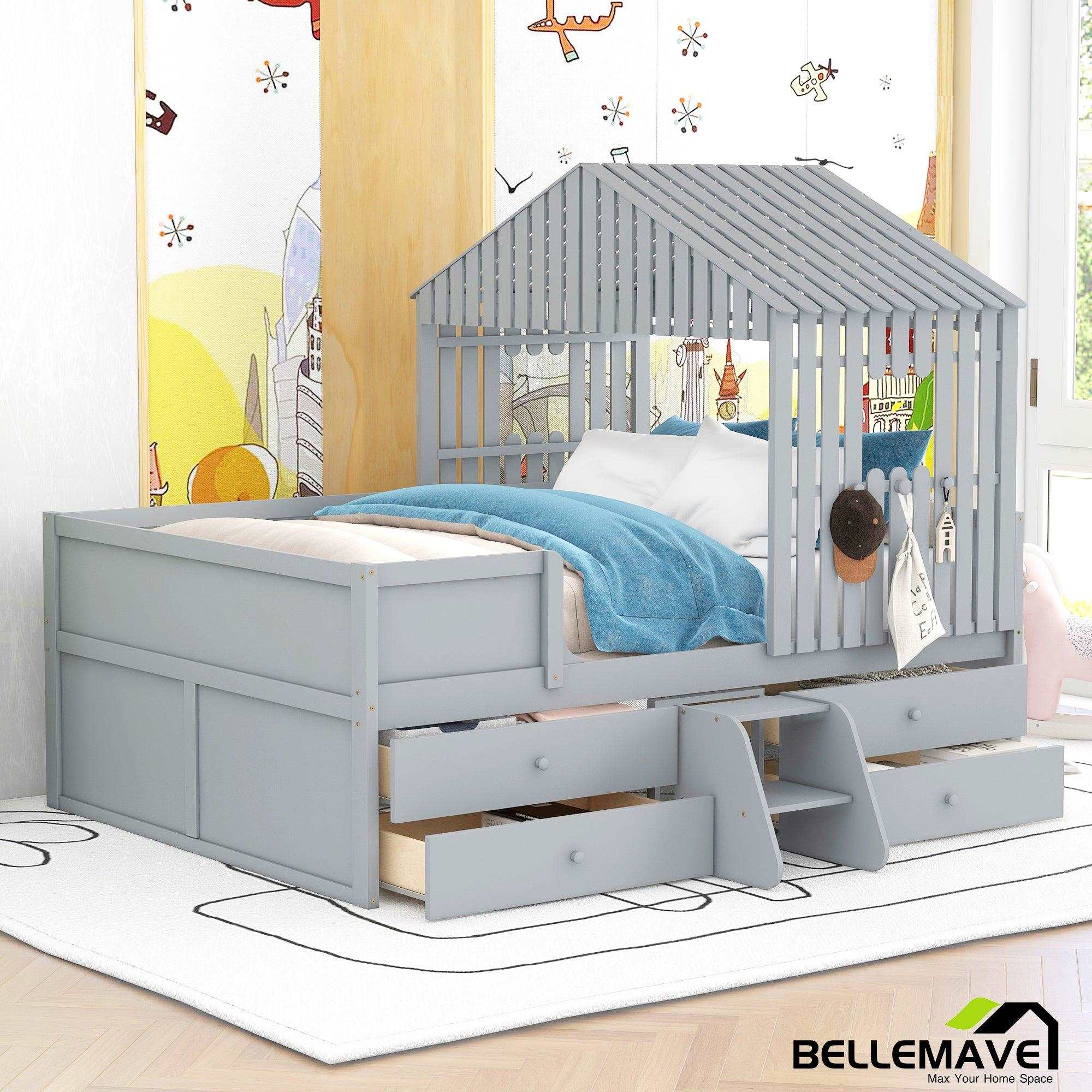 Bellemave Full Size House Low Loft Bed with Drawers - Bellemave