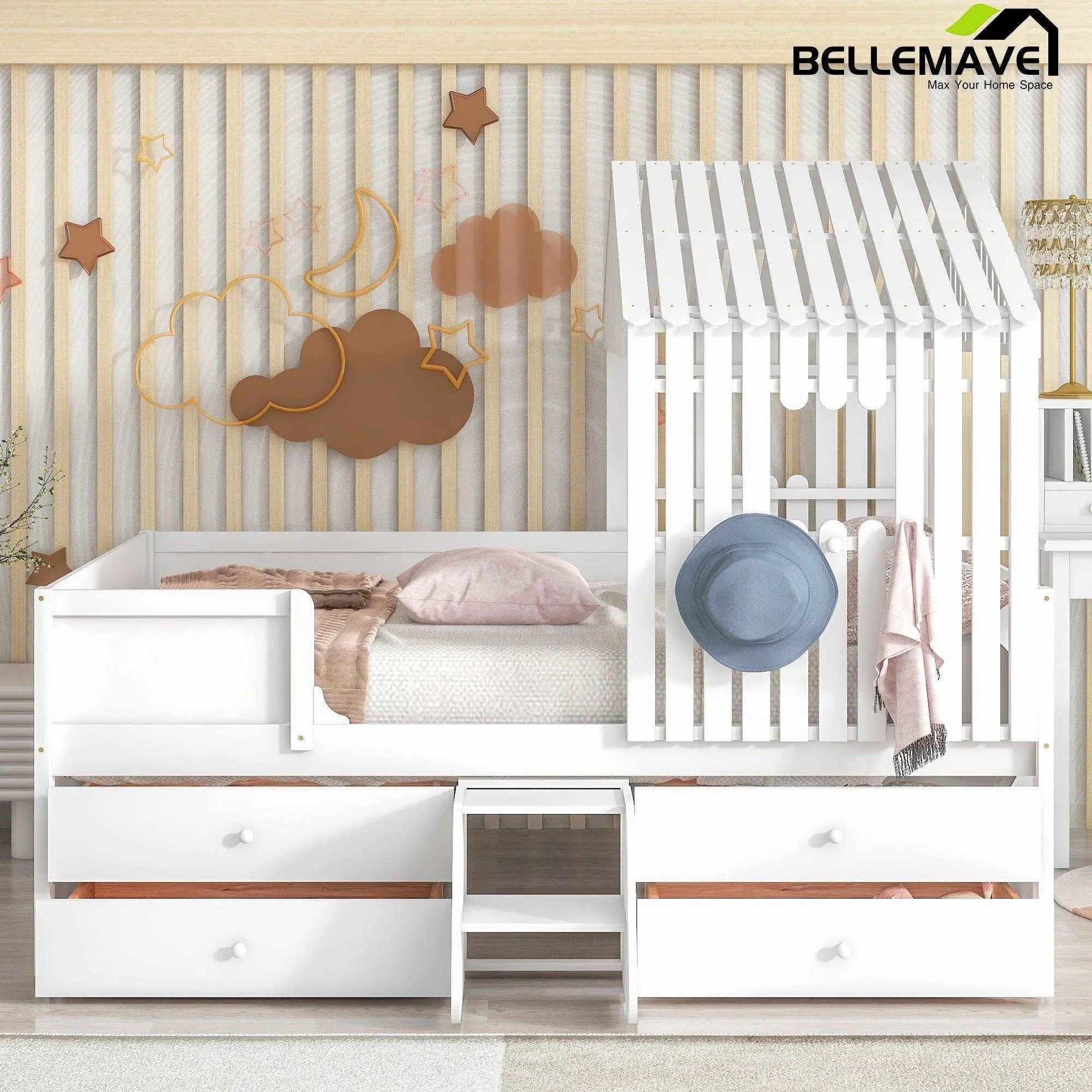 Bellemave Full Size House Low Loft Bed with Drawers - Bellemave